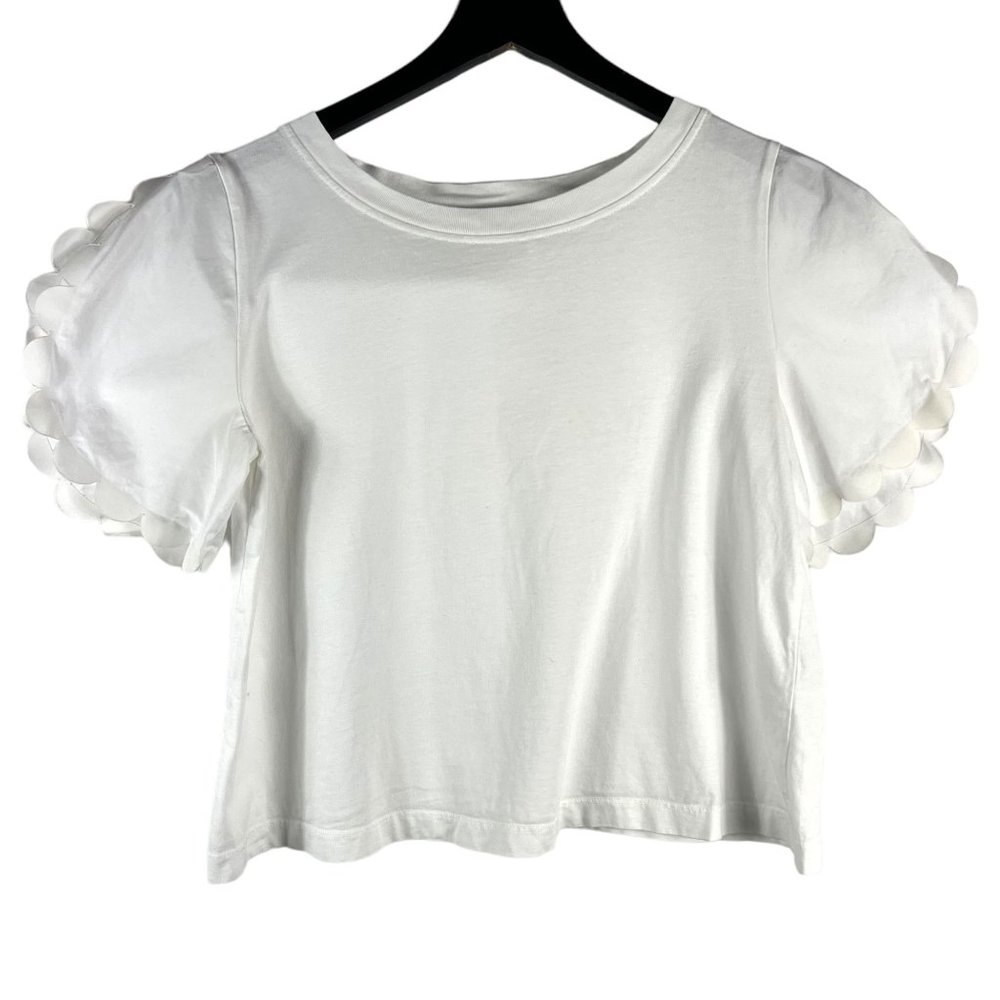 See by Chloe Cloud Dancer Scallop Sleeve T-Shirt 100% Cotton Top in White Size S